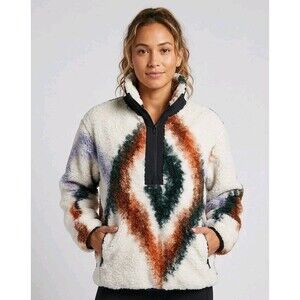 CALIA Women’s Abstract Geo Sherpa Fleece 1/2 Zip Pullover Jacket White Brown S